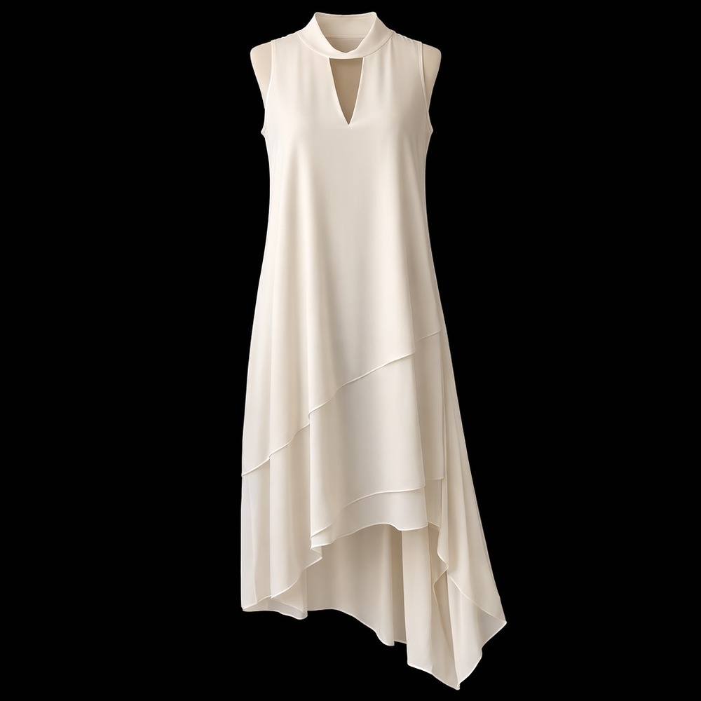 White House‎ Black Market Cream Flowy $140 Tiered Assymetric Midi Sheath Dress 6